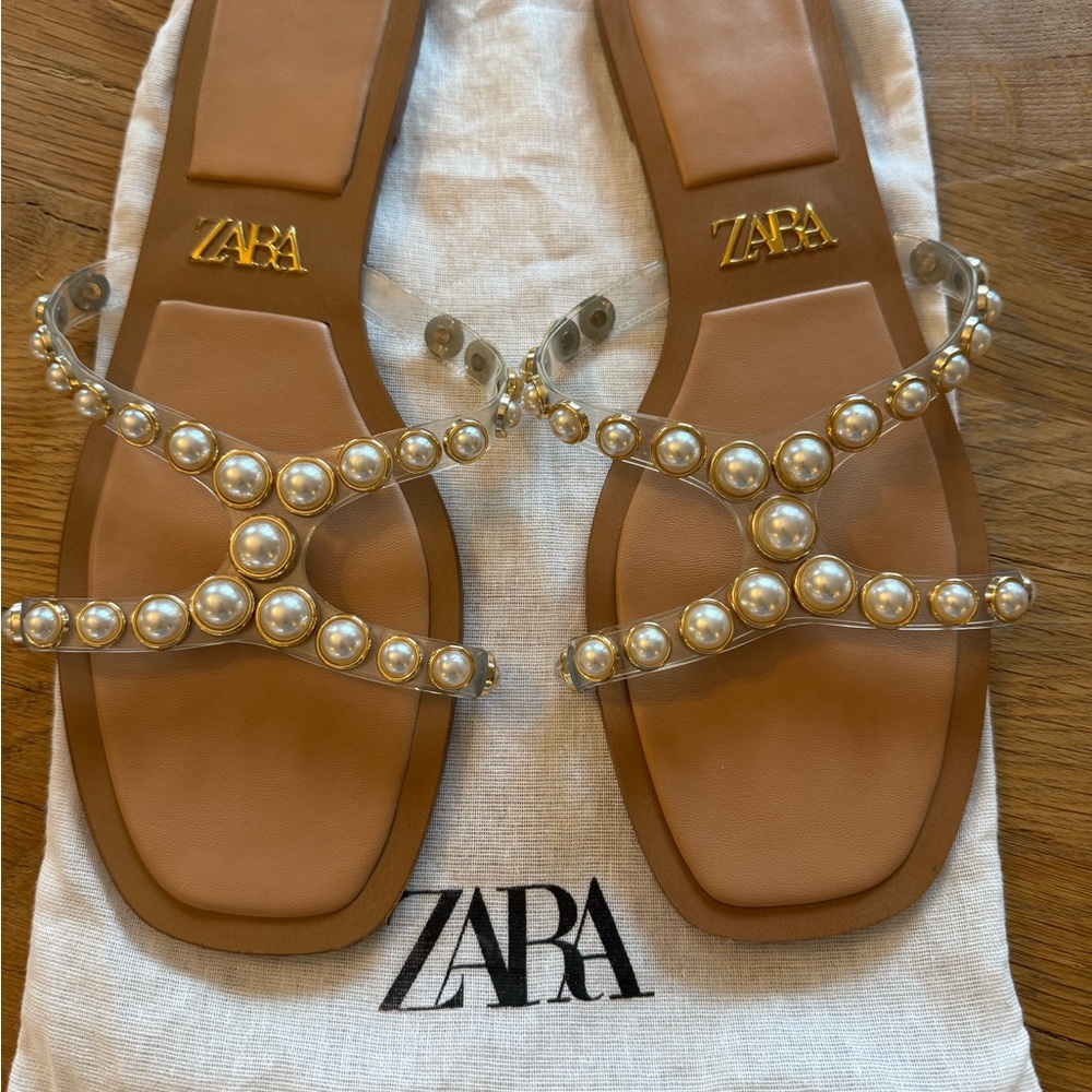 Zara Tan Pearl Beaded Flat Sandals
